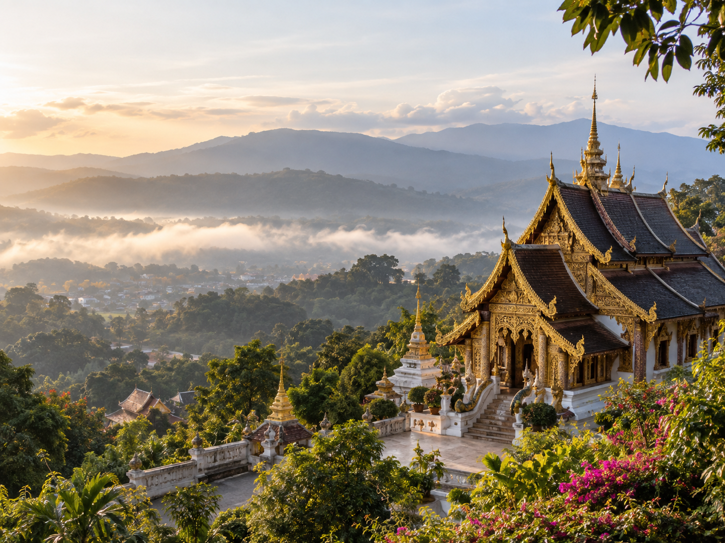 Temple and mountain scenery in Chiang Mai, Thailand